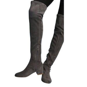 Anthropologie Grey Suede OTK Over The Knee Boots Low Heel Round Toe Size 6 Women